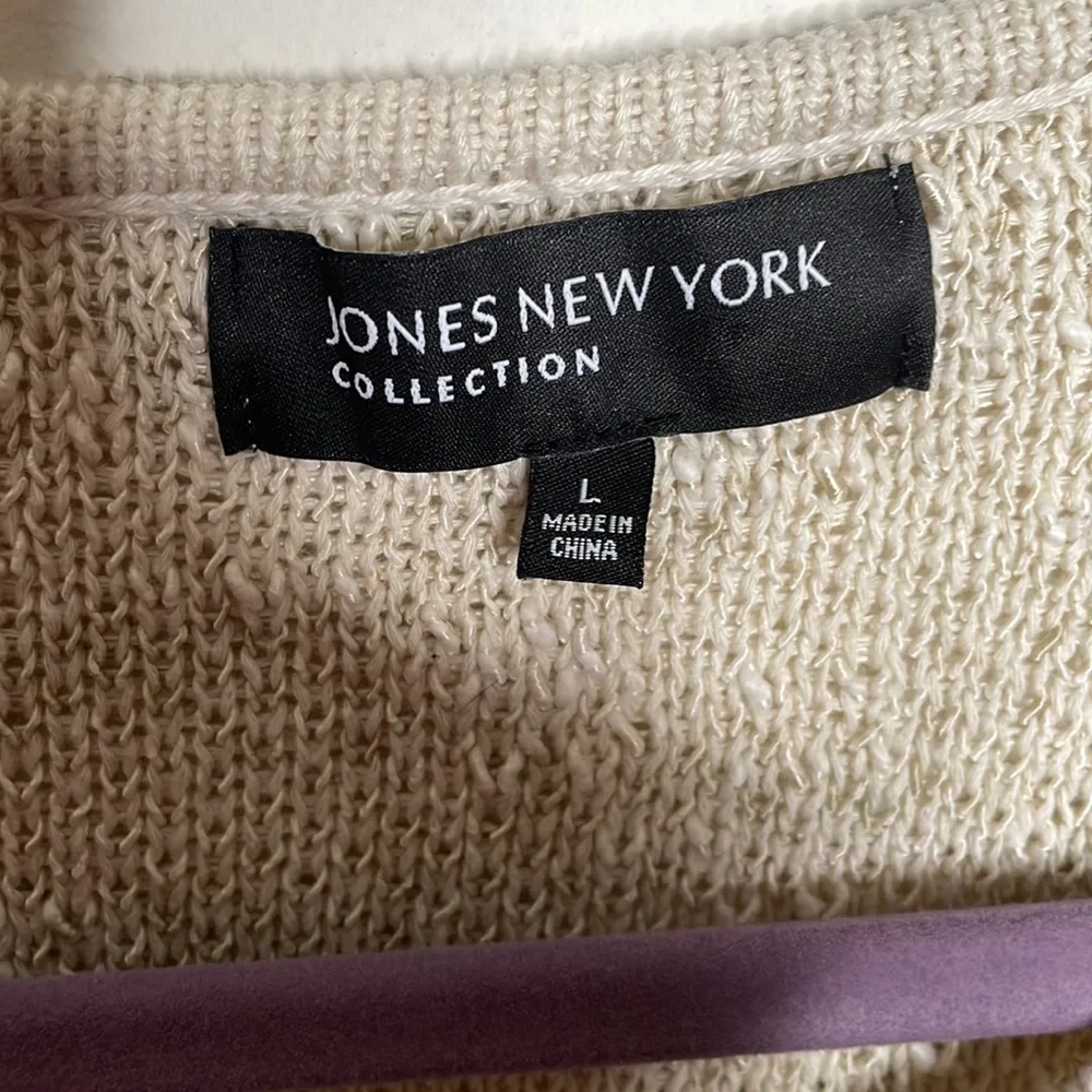 Jones New York Collection tweedy woven cardigan in natural beige, size large - Picture 3 of 10